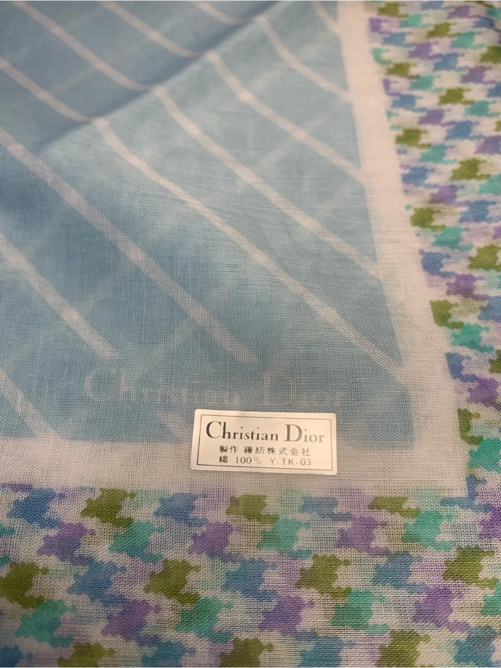 Dior Light Blue Cotton Scarf with Multicolor Houndstooth Border